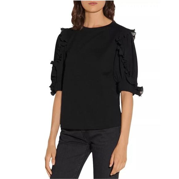 Sandro Paris Black Jasyn Puff Pleated Sleeve Tee Sz M - Picture 1 of 7